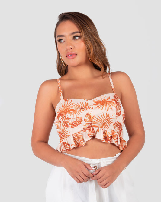 Blusa corta de escote corazón -  Blusa con tiras cortas - Blusa con boleros - Outfit de playa