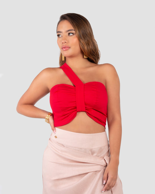 Blusa roja - Blusa strapless - Blusa con fruncido - Outfit de playa - Blusa corta